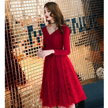 To je Yiiya Burgundija Večerno obleko z Dolgimi Rokavi Zadrgo Mozaik Kratko Večerno Obleko 2020 Plus Velikost V-Neck Lok Haljo De Soiree K317
