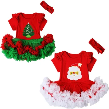 Newborn Baby Dekle Ruffles Rokav Tutu Obleko Božiček in Božič Obleko+Glavo 2PCS Določa Božični Kostum