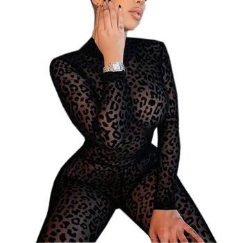 Nove Ženske O-Vratu Visoko-Pas Jumpsuit Priložnostne Leopard Tiskanja Dolgimi Rokavi Jumpsuit Hlače Votlih Oblačilo