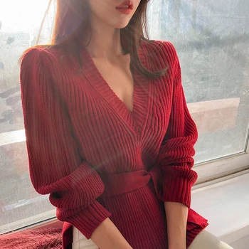 V vratu Povoj Sashes Tricot Pulover Ženske, Pulover Invierno 2020 Blusa de frio feminina korejskem Slogu Urad Jersey Mujer Priložnostne