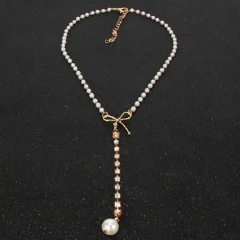 Južna Koreja Vzhodna Vrata moda lok pearl obesek temperament super flash mala vaja ključnico verige ogrlica neckchain dekle