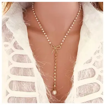 Južna Koreja Vzhodna Vrata moda lok pearl obesek temperament super flash mala vaja ključnico verige ogrlica neckchain dekle