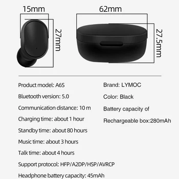 TWS Bluetooth 5.0 Slušalke A6S Brezžične Slušalke Čepkov šumov Z Slušalke Primeru Za iPhone Huawei Samsung