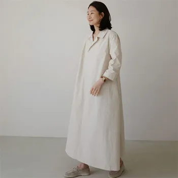 Johnature Nova Barva (Zavoj navzdol Ovratnik Svoboden Rokavi Ženske Obleke 2021 Jeseni korejski tričetrt Rokav Žepi Obleko