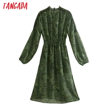 Tangada Moda za Ženske, Zelena Leopard Tiskanja Šifon Obleko Čipke Mozaik Dolg Rokav Dame Midi Obleko Vestidos CE68