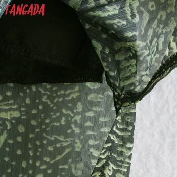 Tangada Moda za Ženske, Zelena Leopard Tiskanja Šifon Obleko Čipke Mozaik Dolg Rokav Dame Midi Obleko Vestidos CE68