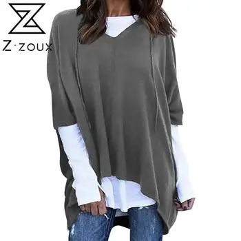 Z-zoux Ženske T Shirt Ponaredek Dveh Kosov Barvno Ujemanje Long Sleeve Majica s kratkimi rokavi Ženske Plus Velikost Priložnostne Svoboden T-shirt 2020 Nova Moda