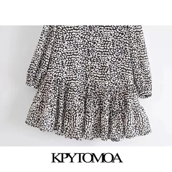 KPYTOMOA Ženske 2020 Elegantna Moda Leopard Tiskanja Ogrlicom Mini Obleka Letnik V Vratu Dolgimi Rokavi Ženske Obleke Vestidos Mujer