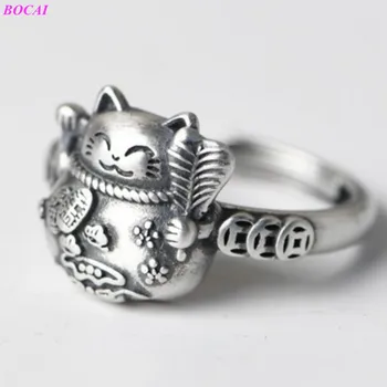 BOCAI S925 sterling silver obroči za ženske retro odprt obroč ženski kovanec mačka 925 Srebro Obroč 2020 nov modni Tajski srebrni prstani