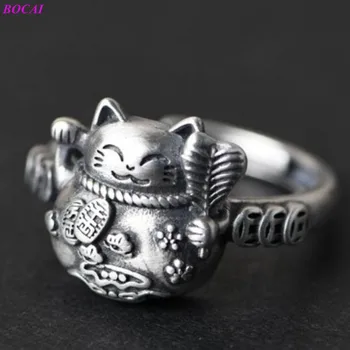BOCAI S925 sterling silver obroči za ženske retro odprt obroč ženski kovanec mačka 925 Srebro Obroč 2020 nov modni Tajski srebrni prstani