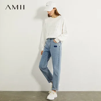 AMII Minimalism Jeseni Mode Vezenje Ženski Jeans Vzročno Bombaž Visoke Pas Naravnost Ankel-dolžina Ženski Jeans 12070215