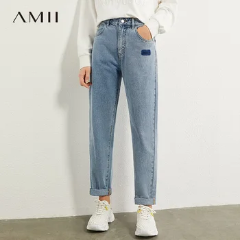 AMII Minimalism Jeseni Mode Vezenje Ženski Jeans Vzročno Bombaž Visoke Pas Naravnost Ankel-dolžina Ženski Jeans 12070215