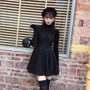 2020 Ženske Kariran Naguban Mini Obleka Gothic Harajuku Seksi Zanko Traku Backless Rock Punk Jurken Goth, Dekleta, Ženske Kratke Vestidos