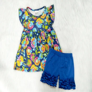 Moda cvet obleke dekleta poletje, ki plujejo pod rokav O neck majica s kratkimi rokavi in modro ruffle elastične hlače kosov set dekle obleko, sončnično