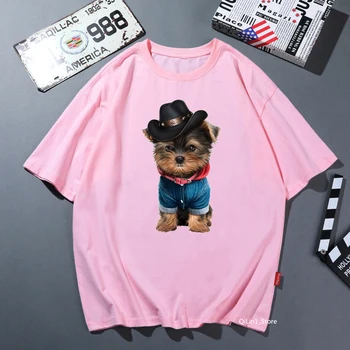 2020 kawaii yorkies pes živali print majica s kratkimi rokavi ženske smešno roza trdna tshirt femme harajuku majica poletje vrhovi prevelik t-shirt