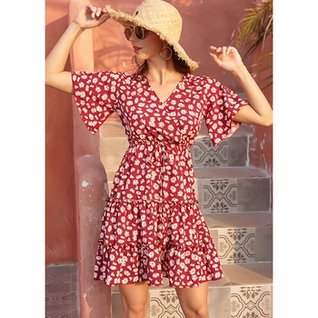 Ženske Kratke DressHigh Pasu A-Line Mini Obleka V Vratu, Kratke Rokave Ruffles Pika/Cvetlični/Leopard Natisnjeni Počitnice Plaže Sundress