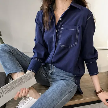 Ženske Korejski Dolg Rokav Bluze Plus Velikost River Majica 2020 Jeseni Priložnostne Majice, Vrhovi