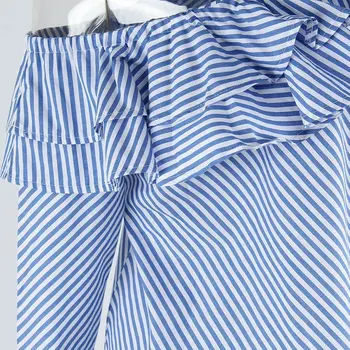Elegantno Elegantno Off Ramo Bluzo 2019 Ženske Nova Trendovska Dve Plasti Modro Črtasto Ruffles Poletje Športna Majica Plus Velikost XL