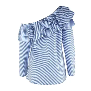 Elegantno Elegantno Off Ramo Bluzo 2019 Ženske Nova Trendovska Dve Plasti Modro Črtasto Ruffles Poletje Športna Majica Plus Velikost XL