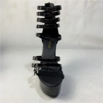 Črna buckled poletje petah, 15-centimeter pole dancing sandali, 6-palčni plesalka nočni klub vzletno-pristajalne steze sandali