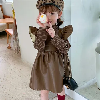 Dekleta Pomlad Jesen Fashion Enotni-zapenjanje Usnje Obleka Otrok Princesa Umetno Usnje Obleke