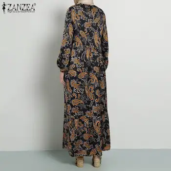 ZANZEA Jeseni Dolgimi Rokavi, oblačila Hidžab Obleko Muslimansko Obleko Ženske Bohemian Cvjetnim Natisne Maxi Sundress Priložnostne Dubaj Abaya Turčija Vestido