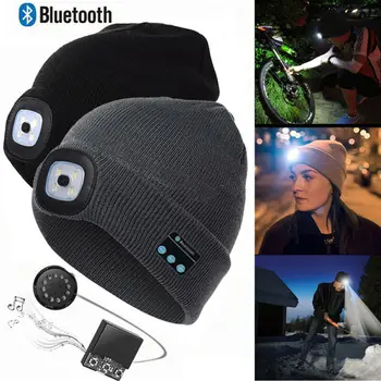 Zimska Kapa Klobuk Brezžični Bluetooth5.0 Smart Skp Slušalke, naglavne Slušalke S 4 LED-Lučka Handfree Glasbo, Slušalke Toplo kabel Pleteni
