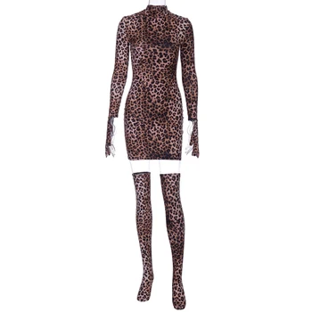 Hugcitar 2019 leopard tiskanja seksi mini obleka z rokavice nogavice jeseni, pozimi ženske ulične klub stranka Chirstmas obleke