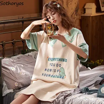 Nightgowns Ženske Kratke Poletne Svoboden 3XL Tiskanja korejskem Slogu Risanka Naguban Prosti čas Sleepwear Ženska Pižame Elegantno Trendovski Šik