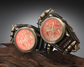Moški Avtomatsko Mehansko uro Okostje Zapestje Bracer Vintage Zapestnica Gothic Reloj Steampunk Self Navijanje Ure SAAT Hombre