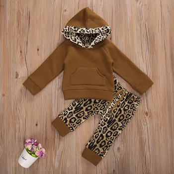 Newborn Baby Dekleta Fantje 0-24M Modni 2 kosa Obleko Nastavite Dolg Rokav Leopard pulover s kapuco in Hlače Komplet