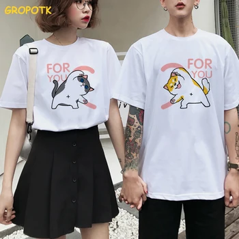 Ljubezen za Vami Mačka in Pes Natisne Nekaj Obleke Poletje 2019 Bombaža Ženska T-shirt Kawaii Harajuku Paired T-majice za Moške, Ženske