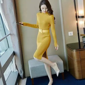 Mid-Tele Obleke Ženska Debelejši Dolgimi Rokavi, V-Izrez Novo Pleteno Slim Temperament Feminino Visoko Pasu Trendy Elegantno Vestidos Ins