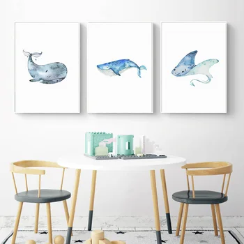 Navtičnih Morju Vrtec Slikarstvo Kit Morski Pes Ribe Platno Poster Živali Umetnosti Tiskanja Steni Sliko Nordijska Otroke, Otroška Soba Dekoracijo