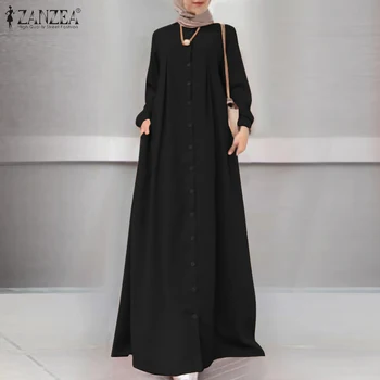 ZANZEA Vintage oblačila Hidžab Muslimansko Obleko Jeseni Ženske Maxi Dolgo Obleko z Dolgimi Rokavi Gumbi Sundress Priložnostne Islamska Oblačila Caftan Robe
