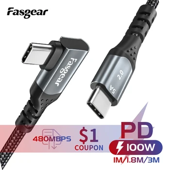 Fasgear 100W USB C do USB C Kabel 90Degree PD Hitro Polnjenje Kabel 480Mbps Podatkovni Kabel Za Xiaomi Samsung Huawei P30 P20 Macbook iPad