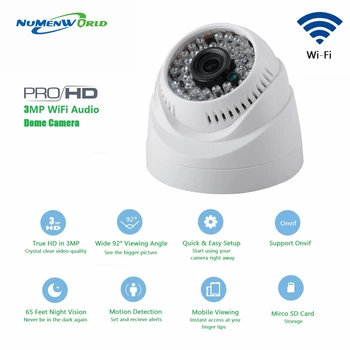 3MP WIFI IP dome kamera HD brezžična Varnost CCTV kamero, Vgrajen Mikrofon, reža za kartico SD uporabo za v zaprtih prostorih podporo pametni ogled