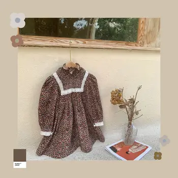 2020 Novega Dojenčka Dekleta Dolgo Puff Rokav Vintage Velvet Natisnjeni Obleko Malčka Otroci Bombaž Fashion Lace Priložnostne Princesa Obleke