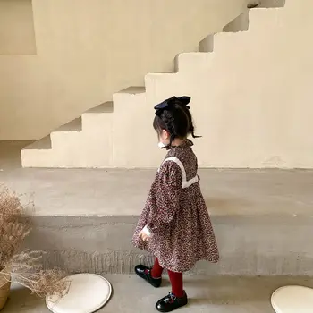 2020 Novega Dojenčka Dekleta Dolgo Puff Rokav Vintage Velvet Natisnjeni Obleko Malčka Otroci Bombaž Fashion Lace Priložnostne Princesa Obleke