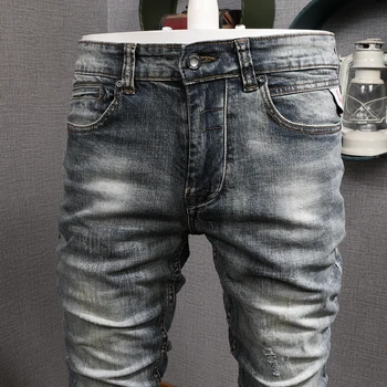 Italijanski Vintage Moda Za Moške Jeans Retro Oprati Klasične Slim Kavbojke Moški Elastična Traper Hlače Oblikovalec Ripped Kavbojke Homme