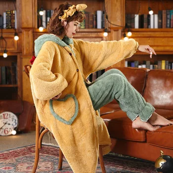 Flanela Kimono kopalni plašč Obleke 2PCS Haljo Nastavite Ženske Pižame Pozimi Novo Toplo More Hooded Sleepwear Priložnostne Domov Oblačila