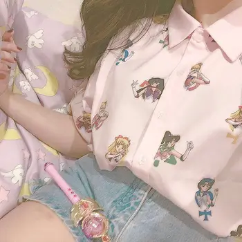 Woherb 2020 Poletje Harajuku Womens Vrhovi Bluze Tiskanja Risanka Sailor Moon Kawaii Ženska Plus Velikost Blusa Majica Bluzo 20006