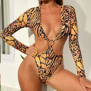 Seksi Visoko Pasu Kopalke Ženske Leopard Bikini 2020 Kopalke Ženske Dolg Rokav Bikini Komplet Biquini Kopanje Globoko V Obleko Plavati Obrabe