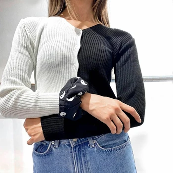 Ženske Črno Bel Mozaik Kontrast Barve Pletene T-Shirs Dolg Rokav V Vratu Jopica Jopico Svoboden Priložnostne Y2k Estetske Vrhovi