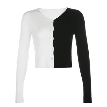 Ženske Črno Bel Mozaik Kontrast Barve Pletene T-Shirs Dolg Rokav V Vratu Jopica Jopico Svoboden Priložnostne Y2k Estetske Vrhovi