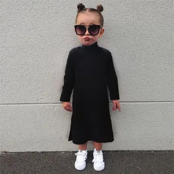 2020 jeseni in pozimi INS dekleta oblačenja otrok split toplo dolge črne obleke pletena volnena obleka za otroke