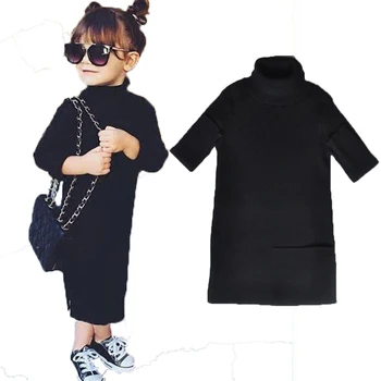 2020 jeseni in pozimi INS dekleta oblačenja otrok split toplo dolge črne obleke pletena volnena obleka za otroke