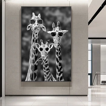 Smešno Žirafa S Sončna Očala Na Črne In Bele Živali, Plakati In Zidana Umetniške Slike, Natisnjene Na Platno Za Sobno Dekoracijo
