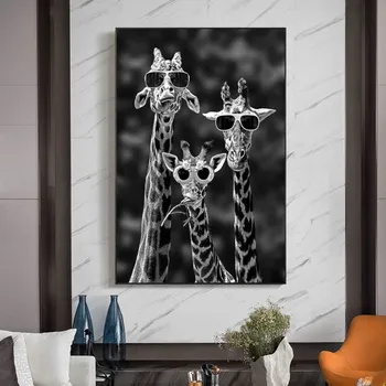 Smešno Žirafa S Sončna Očala Na Črne In Bele Živali, Plakati In Zidana Umetniške Slike, Natisnjene Na Platno Za Sobno Dekoracijo