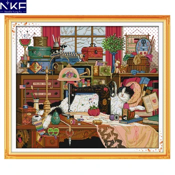 NKF mačka in šivalni stroj živali slog needlepoint vzorce, ki štejejo navzkrižno šiv Božič vzorci za dekoracijo doma
